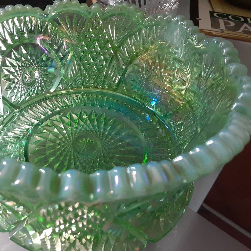 Vintage Mosser Green Carnival Glass Diamond Bowl